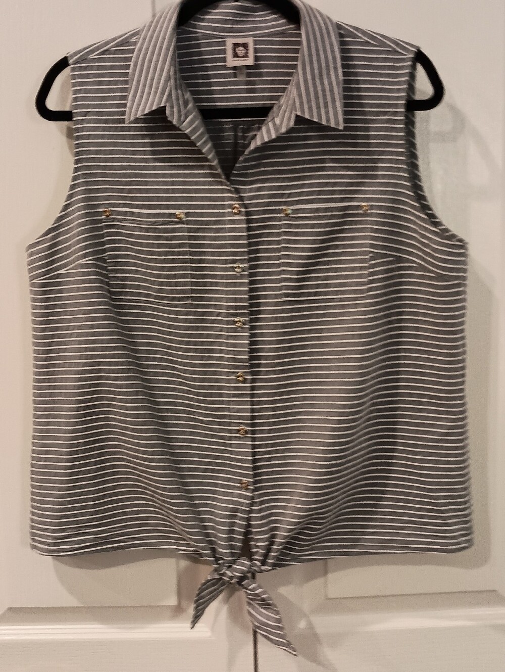 Anne Klein Gray and White Striped Tie-Hem Sleeveless Button-Up Top - Picture 2 of 10